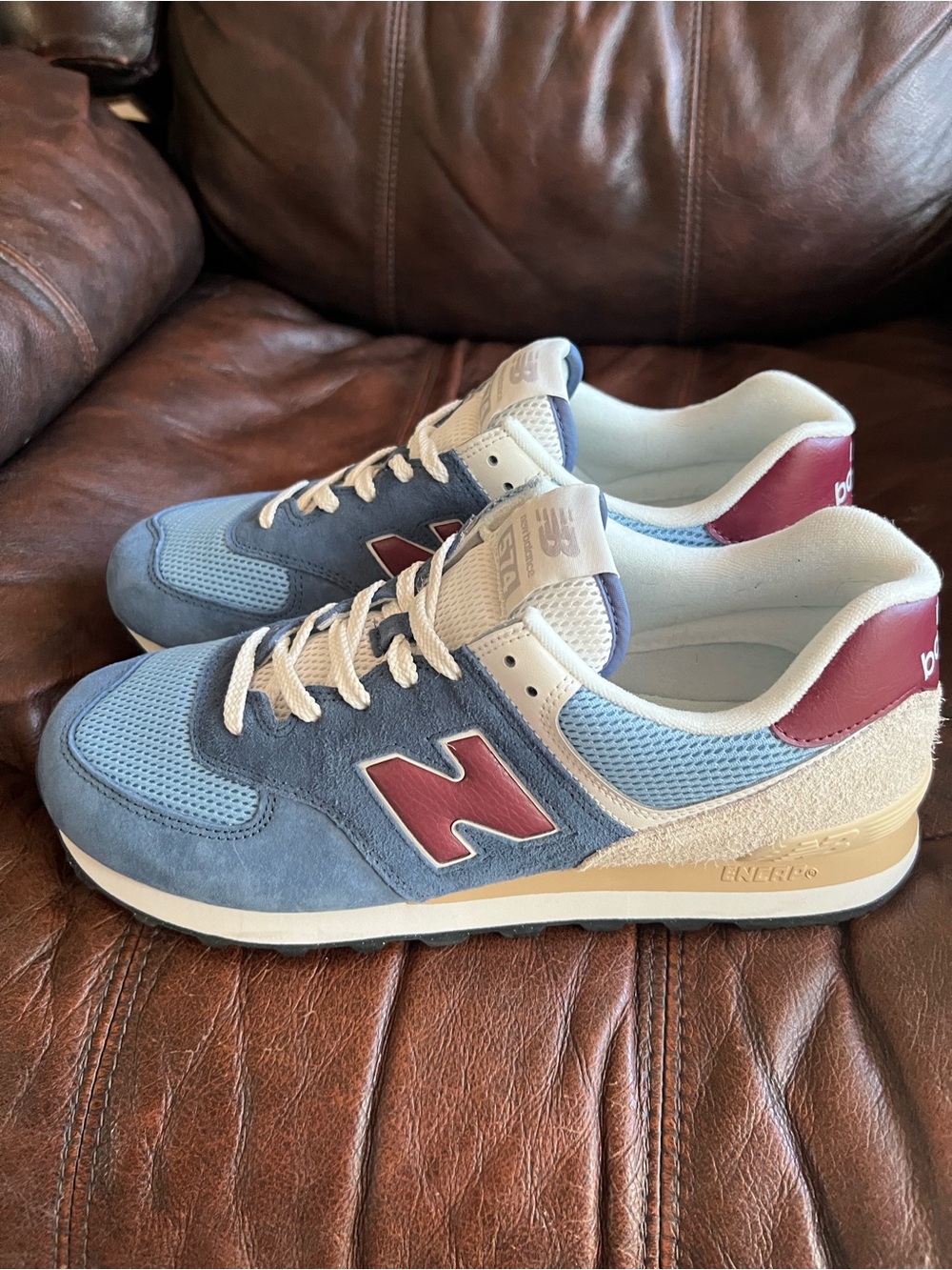 New Balance 574 Men's Athletic Sneakers in Light Blue and Burgundy